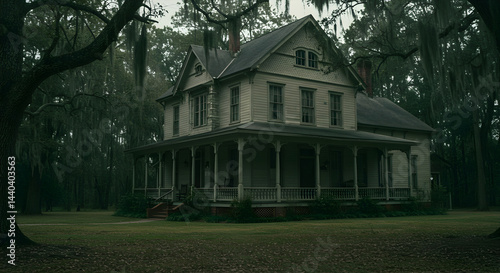 Vintage Manor Home Nestled Among Dense Trees With Spanish Moss