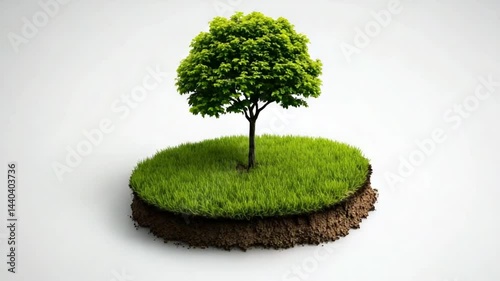 Lush Green Tree on Isolated Soil Base Surrounded by Fresh Grass in Bright Studio Environment for Nature Themes