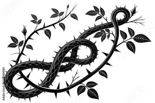 Intricate Black and White Illustration of a Snake Entwined with Thorny Rose Branches, a Symbol of Nature's Beauty and Danger