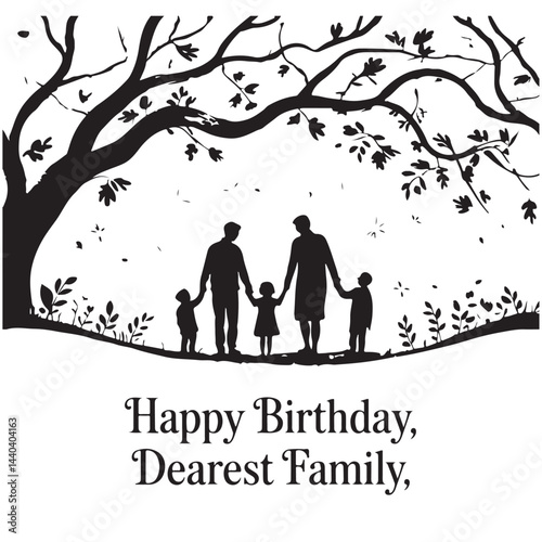 Monochrome Silhouette of Family Picnic Under Tree – Peaceful Outdoor Scene on White Background

