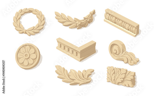 Classic architectural ornament icons set – laurel, cornice, floral, frieze, acanthus, rosette