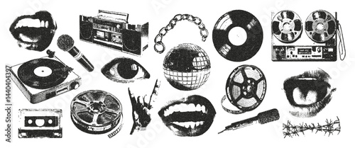 Vintage photocopy stipple effect music elements set. Vinyl record, cassette, speaker, eye, hand, radio, recorder coils, disco ball, chain, microphone, chain. Trendy modern retro vector illustration.