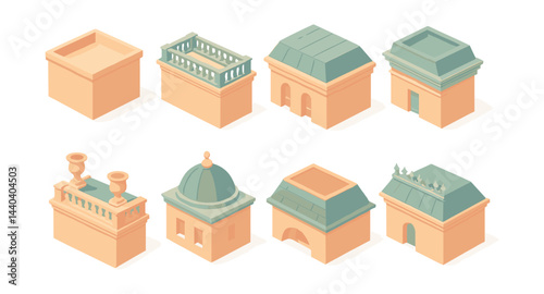 Architectural roof icons set – dome, cupola, parapet, dormer, terrace, gable, chimney