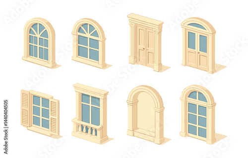 Elegant architectural details icons set – arched, doorway, shutters, window, frame, column