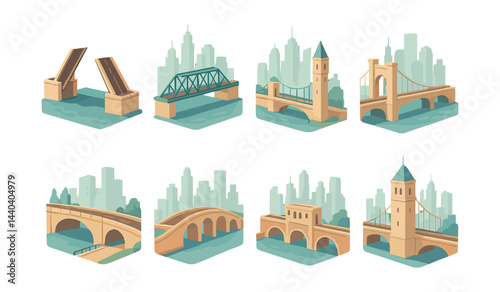 Bridge architecture icons set – drawbridge, suspension, arch, truss, tower, cityscape, skyline