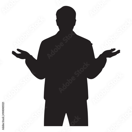 Black Silhouette of Person Shrugging with Hands Up in Casual Pose on White Background

