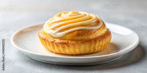 Freshly baked sweet pastry with soft golden crust and gooey icing in close-up