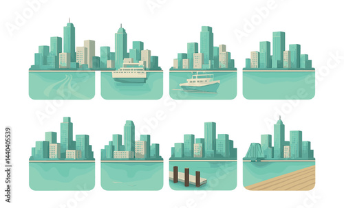 Urban cityscape icons set – buildings, skyline, waterfront, ferry, skyscrapers, yacht