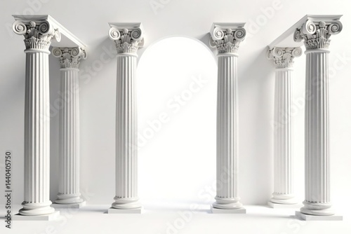 Elegant Roman-style columns against a stark white backdrop  symmetry  elegant