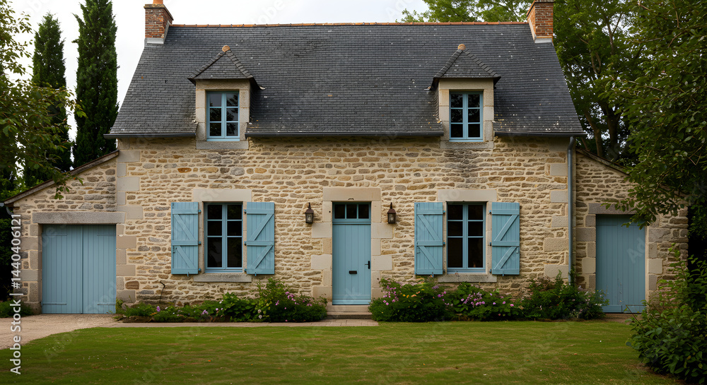 Charming Stone House With Blue Shutters in Rural Setting Charming Stone House With Blue Shutters in Rural Setting