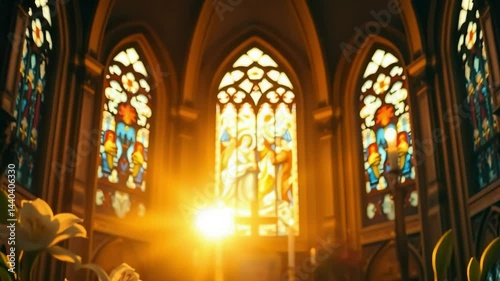 Sunlight streaming through stained glass windows in a church, illuminating flowers in the foreground