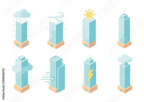 Weather-themed building icons set – rain, wind, sun, storm, lightning, cloud