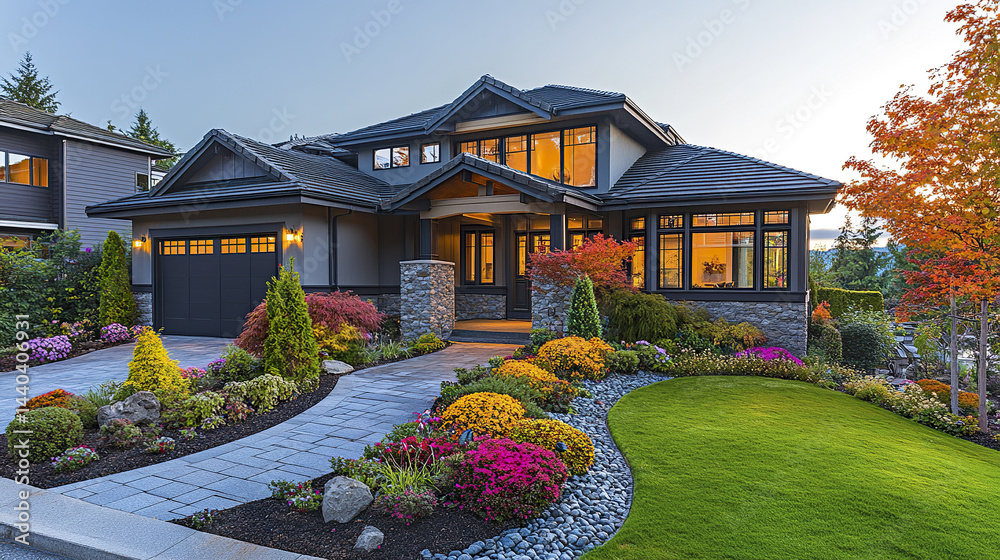 Elegant single family home with stone path and colorful garden, showcasing vibrant flowers