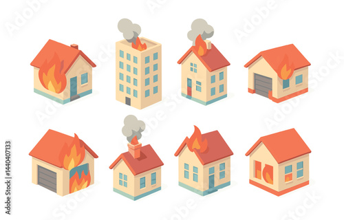 Fire safety icons set – burning house, flames, smoke, residential, emergency