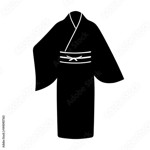 Minimalist black silhouette of a traditional Japanese kimono with wide sleeves