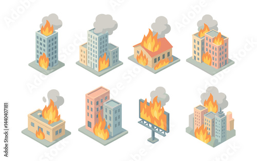 Fire safety icons set – burning buildings, flames, smoke, emergency, disaster
