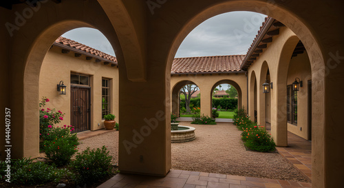 Serene Courtyard Of Tuscan Style Home With Arches And Fountain