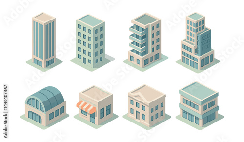 Urban architecture icons set – skyscraper, apartment, townhouse, office, store, isometric, building design