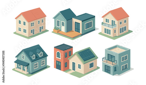 Residential architecture icons set – houses, modern, traditional, duplex, balcony, roof