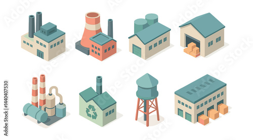 Industrial icons set – factory, warehouse, water tower, recycling, storage, plant, manufacturing