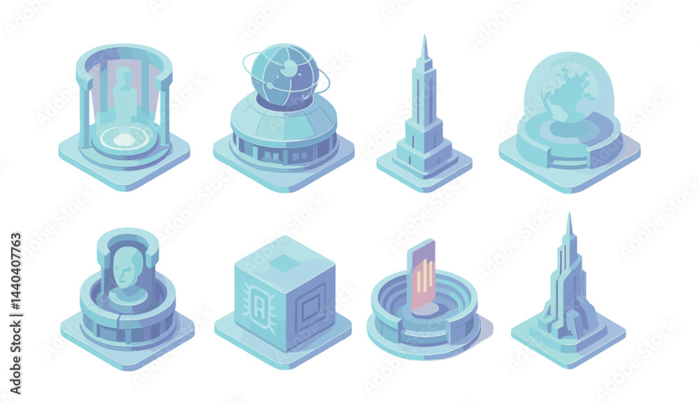 Futuristic architecture icons set – laboratory, observatory, skyscraper, globe, monument Futuristic architecture icons set – laboratory, observatory, skyscraper, globe, monument