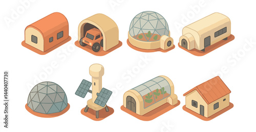 Futuristic settlement icons set – habitat, shelter, greenhouse, dome, vehicle, solar, housing