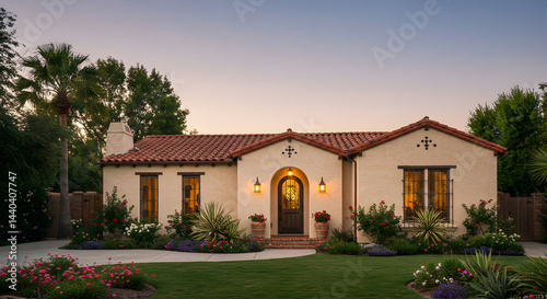 Charming Mediterranean Home Exterior With Lush Garden At Dusk