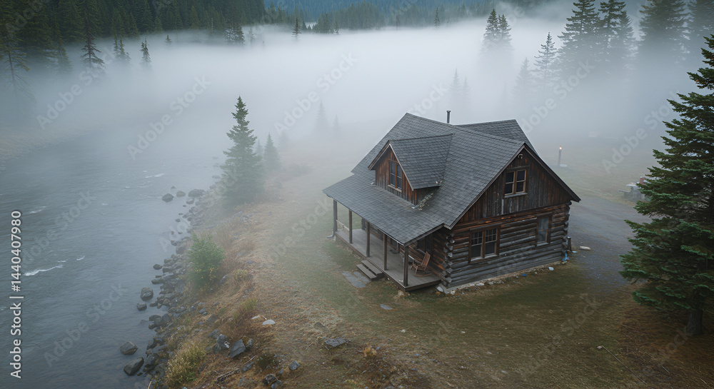 Fototapeta premium Mystical Cabin In The Woods Immersed In Fog By A River