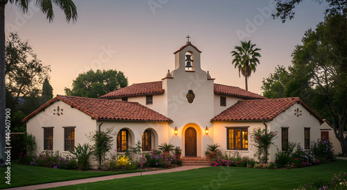 Picturesque Spanish Colonial Revival Home at Dusk With Lush Garden