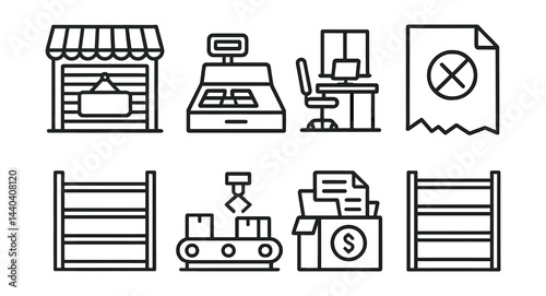 Retail business icons set – storefront, cash register, office desk, receipt, shelf, conveyor, documents