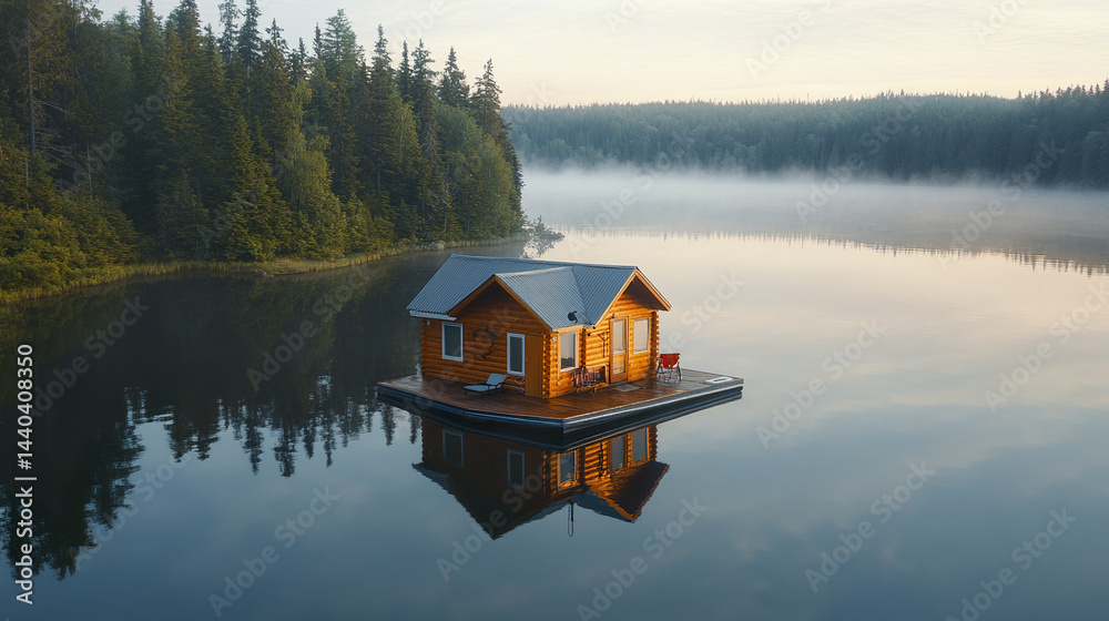 Obraz premium serene floating cabin on tranquil lake, surrounded by lush trees and morning mist