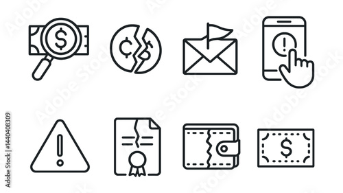 Financial alert icons set – magnifying glass, broken coin, envelope, mobile alert