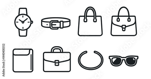 Fashion accessory icons set – watch, belt, bag, purse, wallet, briefcase, necklace, sunglasses
