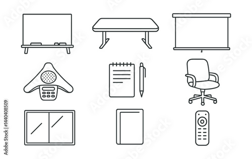 Office essentials icons set – whiteboard, desk, projector, conference phone, notebook