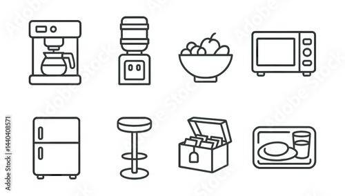 Kitchen appliances and utensils icon set – coffee maker, blender, fruit bowl, microwave, fridge