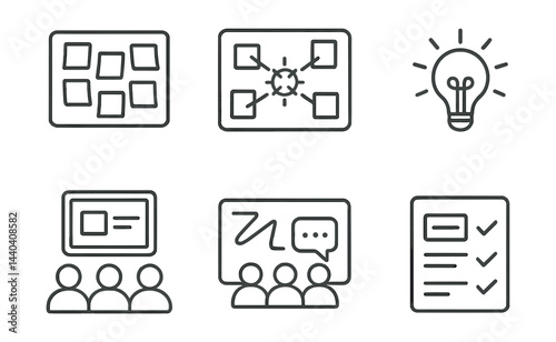 Business collaboration and planning icons set – brainstorm, lightbulb, chart, team, checklist