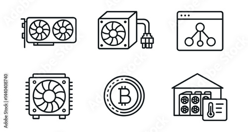 Cryptocurrency mining icons set – gpu, psu, network, cooling, bitcoin, farm