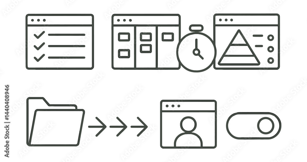 Project management icons set – checklist, kanban, timer, pyramid, folder Project management icons set – checklist, kanban, timer, pyramid, folder