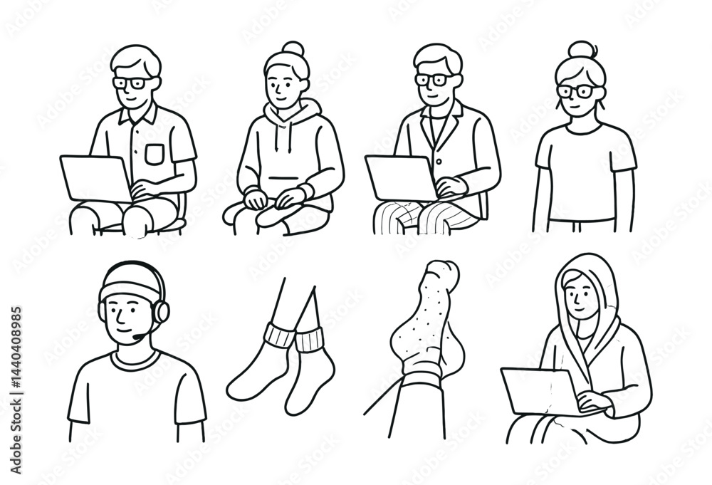 Home and casual work icons set – remote, laptop, hoodie, glasses, headphones, socks, relaxed Home and casual work icons set – remote, laptop, hoodie, glasses, headphones, socks, relaxed