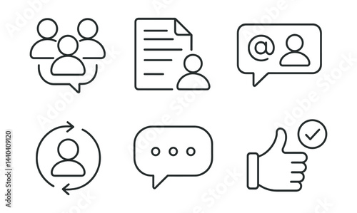 Communication and interaction icons set – team, document, email, sync, chat, approval