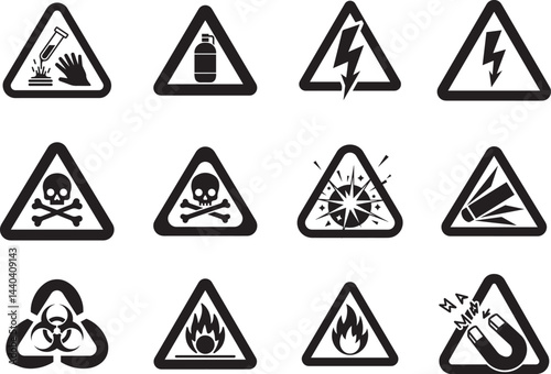 Danger, warning sign icon set. Poison, toxic, biohazard caution sign. Skull, chemical danger yellow triangle symbol element. Vector illustration. Warning symbols