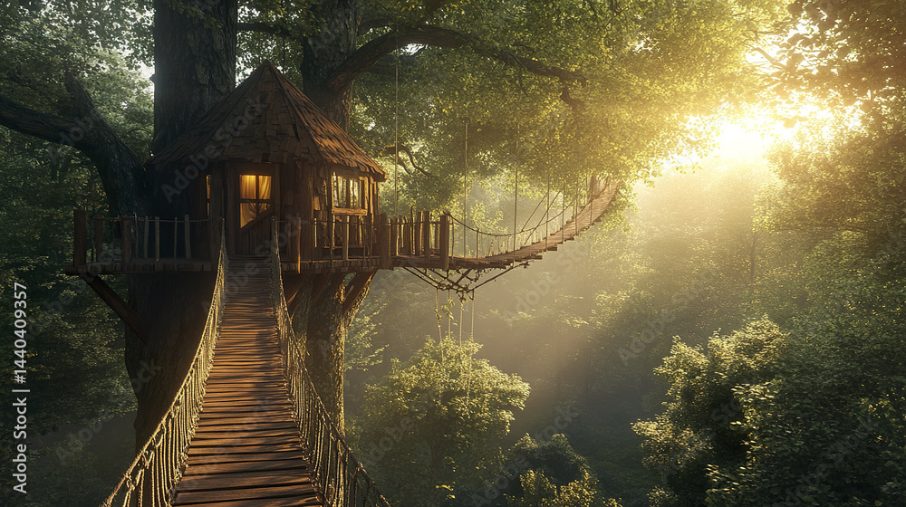 Fototapeta premium serene treehouse nestled in lush forest, connected by rope bridge, bathed in soft morning light