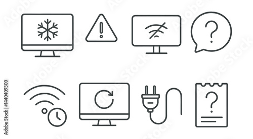 Technology issue icons set – error, wifi, network, refresh, reconnect, question, alert, power