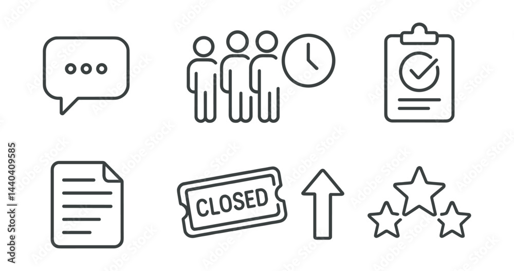 Business and productivity icons set – speech bubble, queue, clock, checklist, document, closed sign, arrow, stars Business and productivity icons set – speech bubble, queue, clock, checklist, document, closed sign, arrow, stars