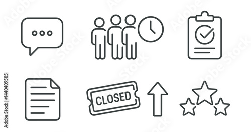 Business and productivity icons set – speech bubble, queue, clock, checklist, document, closed sign, arrow, stars