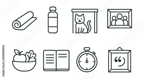 Home and wellness essentials icons set – yoga, hydration, pets, family, nutrition, reading, time, quotes