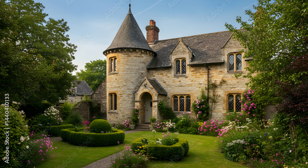 Fototapeta premium Charming Stone Cottage With Turret and Lush Garden On Beautiful Day