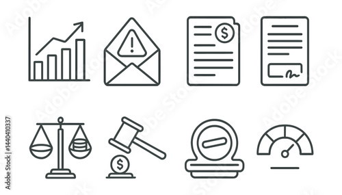 Financial and legal icons set – graph, email alert, invoice, contract, scales, gavel, payment, meter