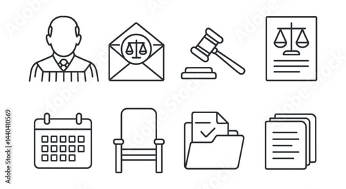 Legal and justice icons set – judge, envelope, gavel, scales, calendar, chair, documents