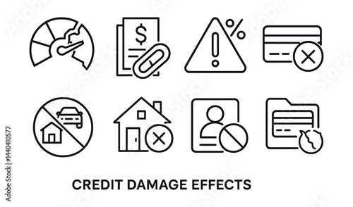 Credit damage icons set – score, debt, warning, card, loan, mortgage, identity, dispute